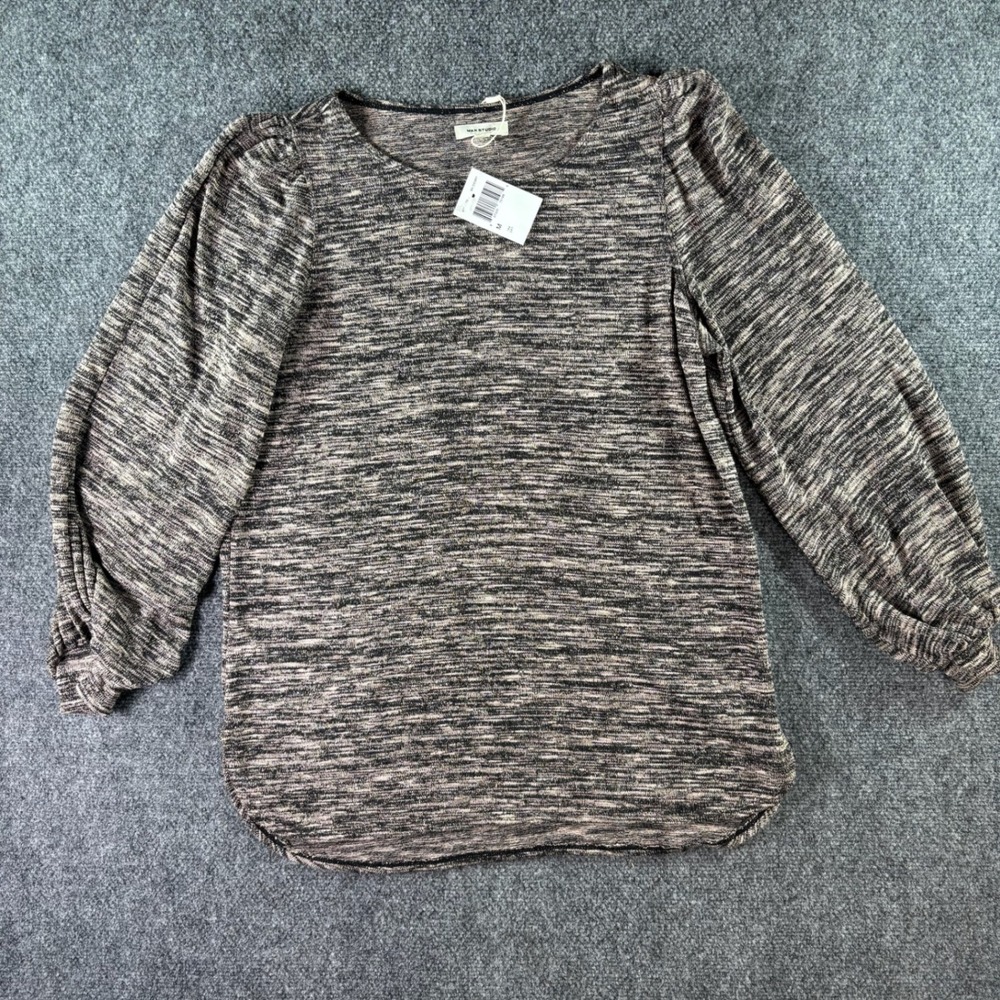 Max Studio Top Womens Medium Black Desert Space Dye Puff Sleeve NWT 8708S72
